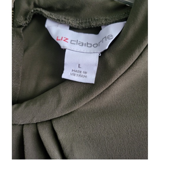 Liz Claiborne Olive Green Cap Sleeve Twisted Neck Zipper Back Top Women's Size L - Picture 5 of 6
